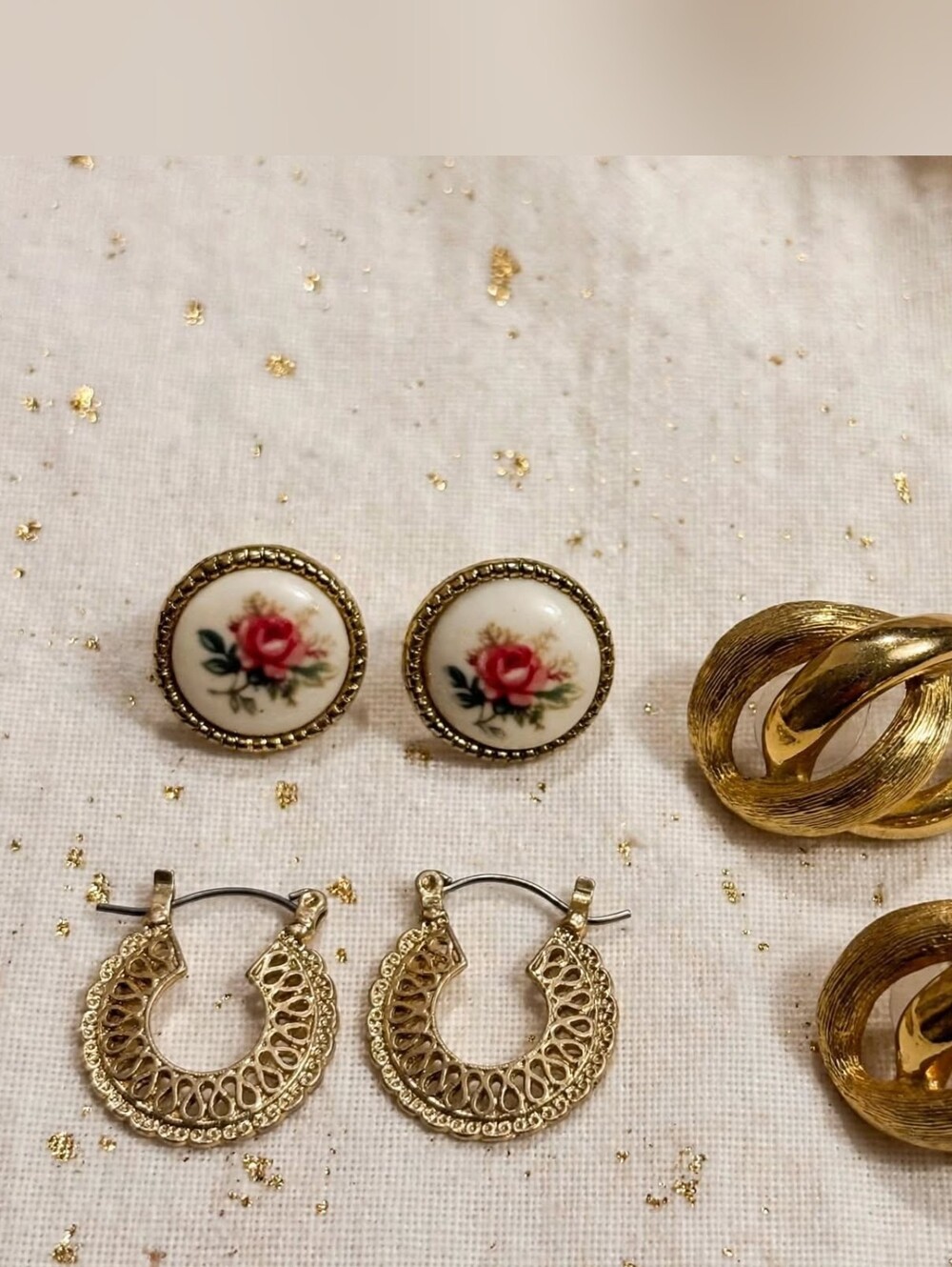 Gold-Tone Knot Clip-On Earrings and Porcelain Rose Button Earrings Set